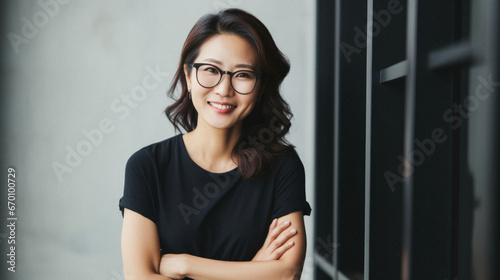 Portrait of a smiling asian businesswoman in eyeglasses on black background.