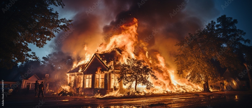 home ablaze, smoke, flames coming from the windows. home ablaze, smoke, flames coming from the windows.