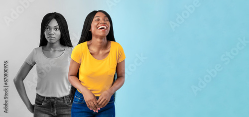 Laughing, angry, sad millennial black woman feeling bad on blue and gray background