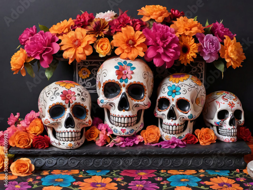Three Skulls With Flowers And Candles On A Table