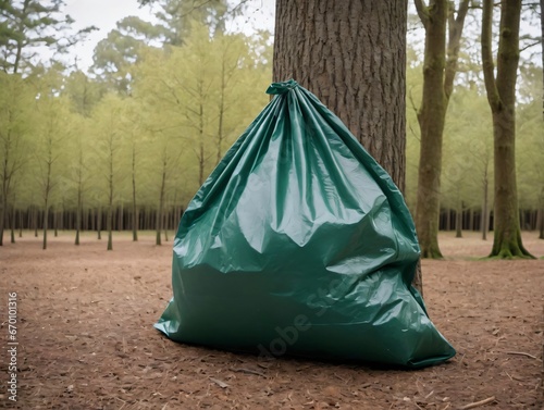 A Green Bag Sitting On The Ground In A Forest
