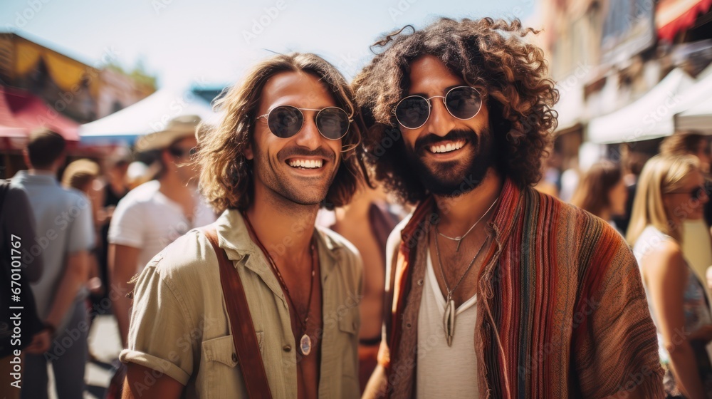 Portrait of stylish homosexual couple in hippie look Portrait of stylish homosexual couple in hippie look