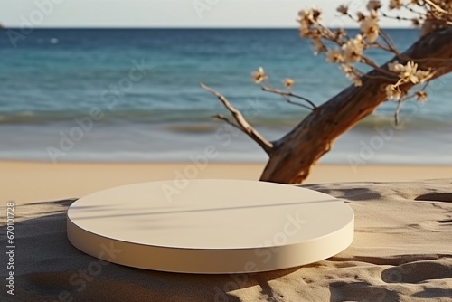 Empty round beige platform podium and dry tree twig on the beach. generative ai.