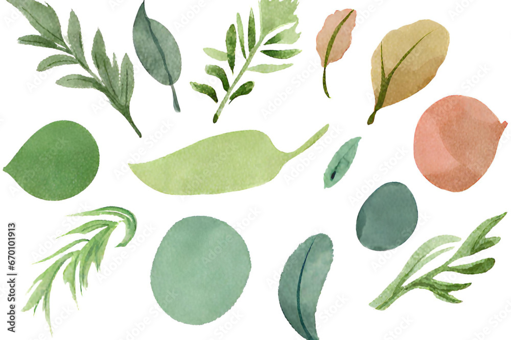 Naklejka premium Watercolor leaves and twigs on a white background. Generative AI