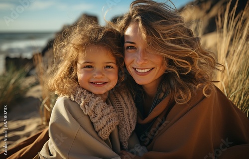 calming daughter with mother on beach,.