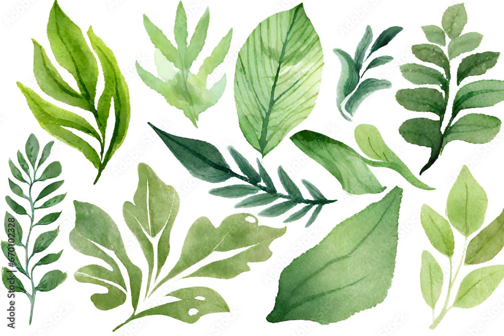 Watercolor set of green leaves. Hand drawn. Generative AI