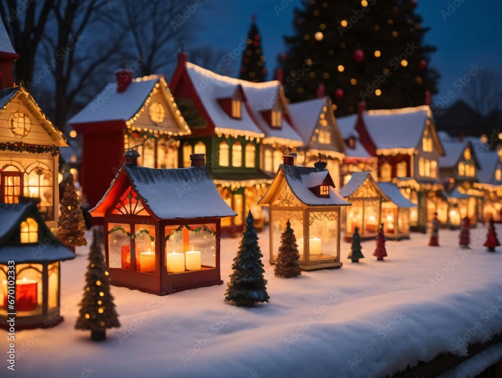 A Small Town With Christmas Lights And A Christmas Tree