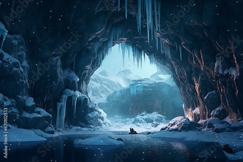 A water-filled cave surrounded by ice and snow. Generative AI