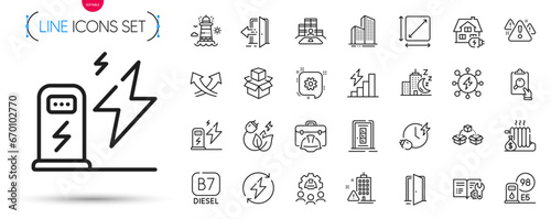 Pack of Night city, Construction toolbox and Parcel shipping line icons. Include Door, Engineering team, Square area pictogram icons. Open door, Entrance, Charging time signs. Vector