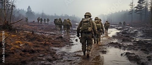 rushing troops through a muddy field on a misty day. the onset of conflict.