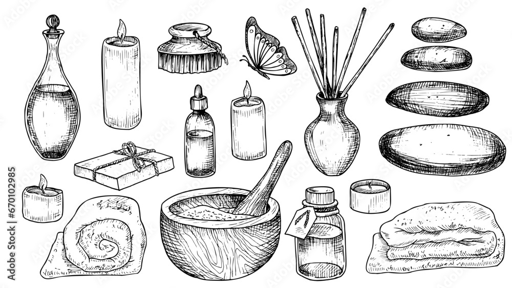 Spa set with bottles, towel, mortar and pestle. Hand drawn vector illustrations in black and white colors for clipart or beauty cosmetic design. Big bundle for aromatherapy or alternative medicine. - obrazy, fototapety, plakaty 