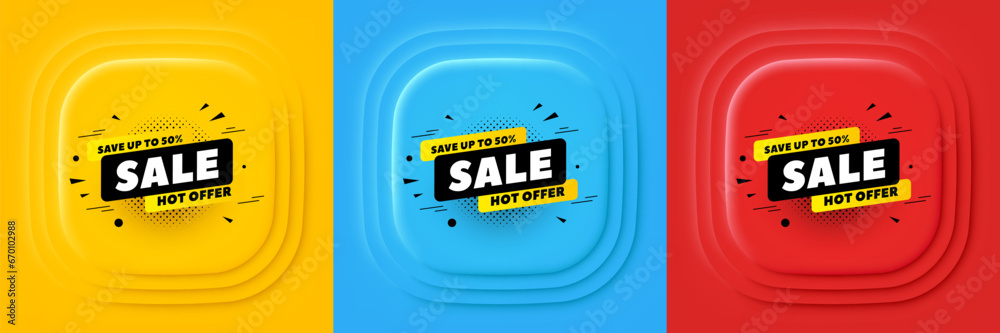 Sale 50 percent off banner. Neumorphic offer banner, flyer or poster. Discount sticker shape. Coupon tag icon. Sale 50 percent promo event banner. 3d square buttons. Special deal coupon. Vector - obrazy, fototapety, plakaty 