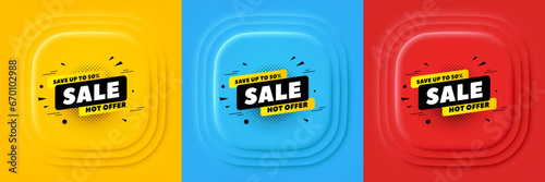 Sale 50 percent off banner. Neumorphic offer banner, flyer or poster. Discount sticker shape. Coupon tag icon. Sale 50 percent promo event banner. 3d square buttons. Special deal coupon. Vector
