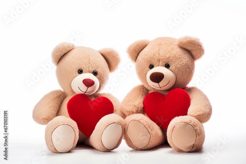 Two adorable teddy bears holding a heart, set against a white background. Generative AI