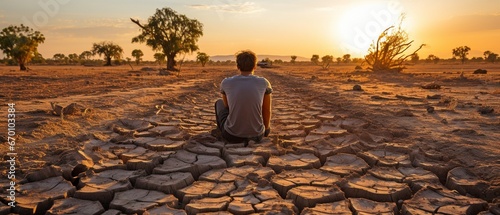 Because of the lack of water owing to global warming, the youngster was sitting on parched ground. The idea of global warming and climate change.