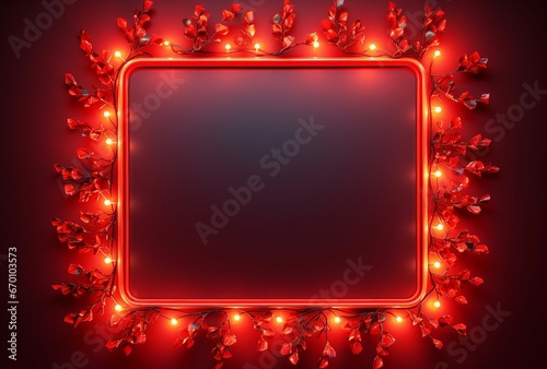 A vibrant red square frame illuminated with colorful lights