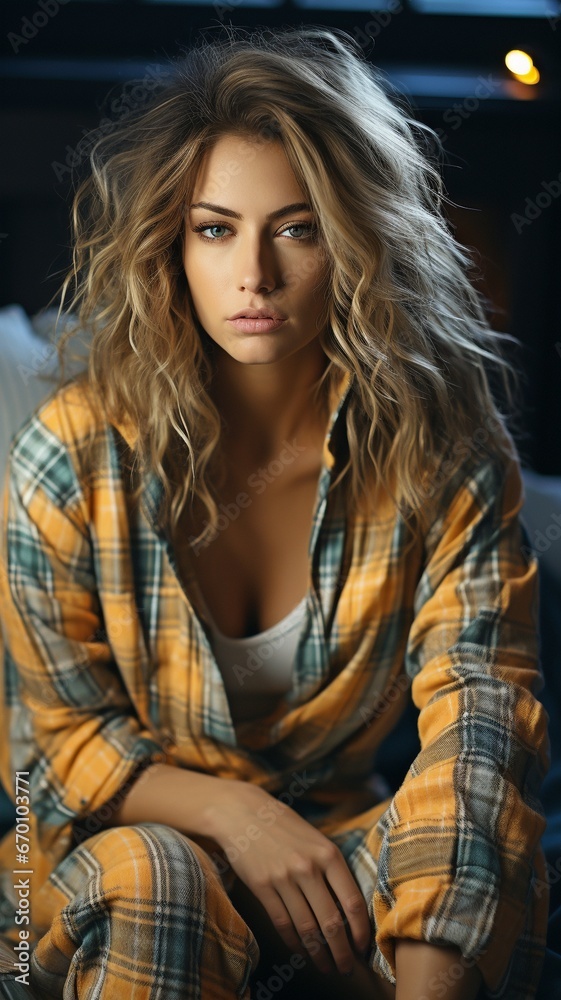 Depressed Woman Wearing Pyjamas While Sitting in Bed. Depressed Woman Wearing Pyjamas While Sitting in Bed.