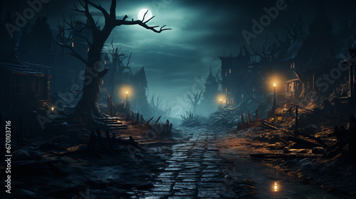 Realistic haunted forest creepy landscape night. Fantasy Halloween forest background generative ai