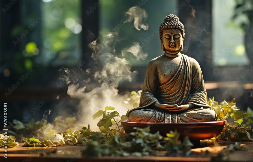 Zen Tempel: Buddha Head in Smoke Meditation.
