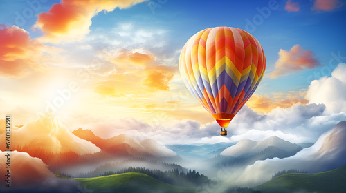 Balloon flight. Beautiful background, travel theme. Generative AI, Hot air balloon in the sky. Background with selective focus and copy space, a hot air balloon in the sky