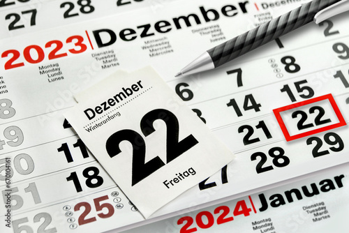Deutscher Kalender und Datum 22. Dezember 2023 Winteranfang und Januar 2024