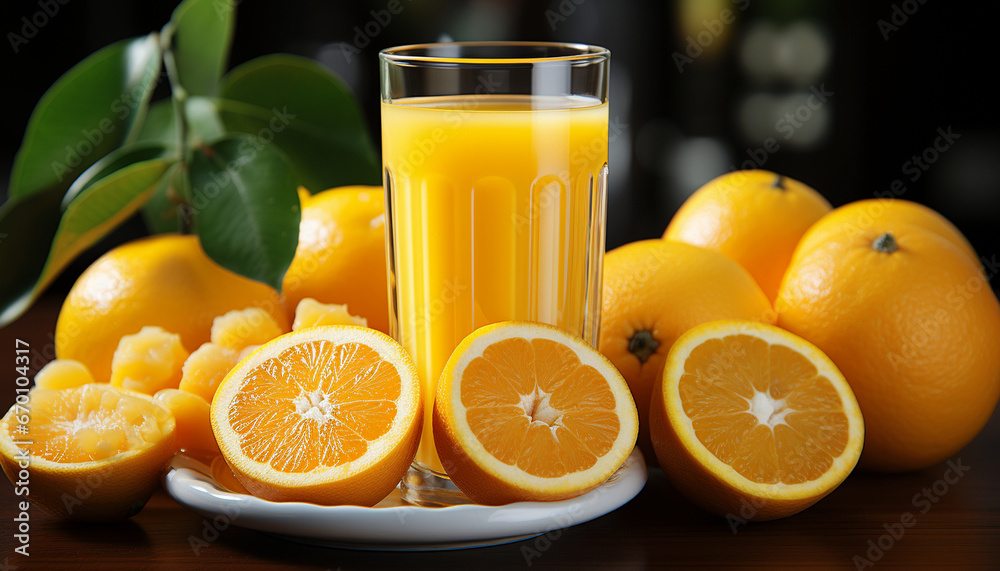 Vibrant orange juice in a clear glass nestled among fresh, dew-kissed oranges with lustrous leaves on a dark wooden table Vibrant orange juice in a clear glass nestled among fresh, dew-kissed oranges with lustrous leaves on a dark wooden table
