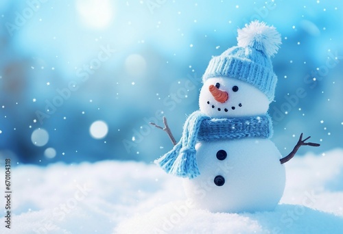 A cute snowman with a blue hat and scarf © Piotr