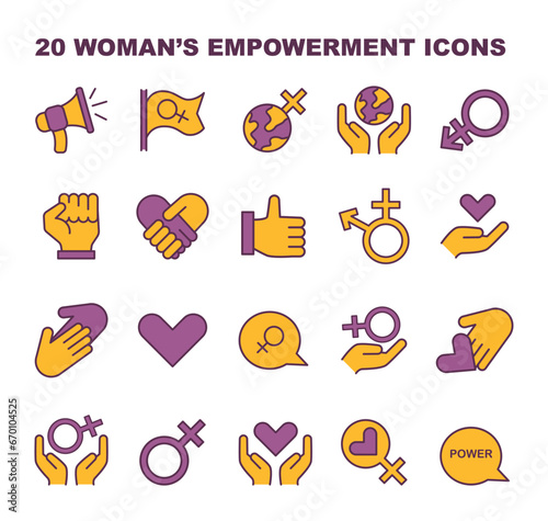 Women's empowerment icons set. A comprehensive collection capturing feminist symbols, unity, and strength. Celebrating gender equality. Advocacy and rights visuals. Flat vector illustration.