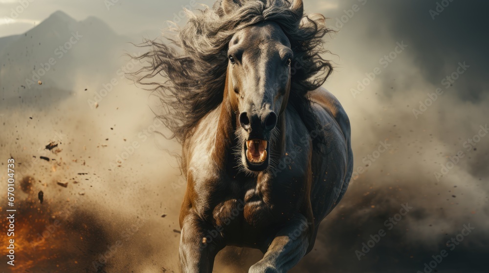 a horse is galloping through the air with it's front legs in the air ...