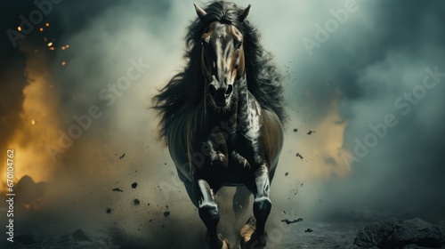  a horse running through a field with a lot of smoke coming out of the back of it's back end and it's front legs in the air.  generative ai photo