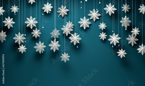 Snowflakes hanging from strings on a blue background