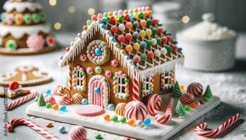 Detailed photograph of a charming gingerbread house adorned with vibrant candy embellishments and intricate icing designs. The house is nestled on a snowy foundation, surrounded by candy canes.