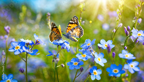 a beautiful summer or spring meadow with two flying butterflies and blue flowers of forget me nots wild nature landscape close up of a macro