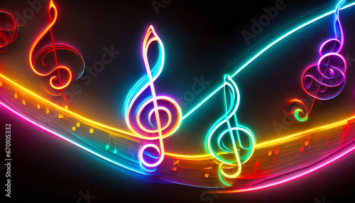 multicolored neon glowing treble clefs abstract luminous background with empty space for text or product photo