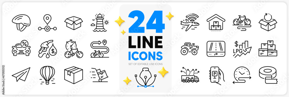 Icons set of Storage, Airplane wifi and Parcel line icons pack for app with Truck delivery, Air balloon, Delivery cart thin outline icon. Bike, Lighthouse, Wholesale goods pictogram. Vector