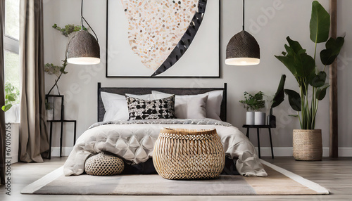 patterned pouf and basket aligned with lamps plants and poster in the bedroom