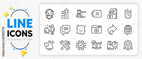 Fast delivery, Strategy and Teamwork line icons set for app include Share, Repair, Information bell outline thin icon. Video content, Money, Smile pictogram icon. Online access. Vector