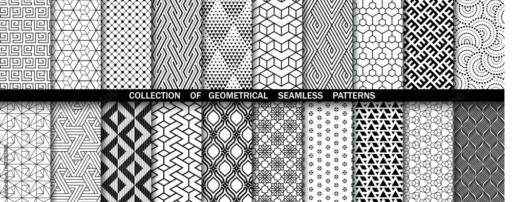 Geometric set of seamless black and white patterns. Simple vector graphics - obrazy, fototapety, plakaty 