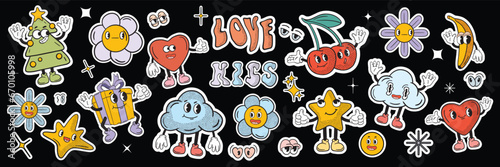 Retro groovy sticker patch set, vector vintage funny mascot character kit, cartoon funny flower. Acid cute psychedelic cloud, pop comic rave doodle, funky nostalgic print. Hippy groovy sticker hands