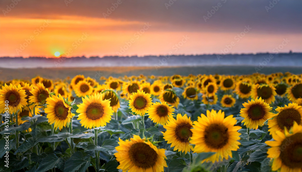 blooming yellow sunflowers in summer under the evening sky just after the sunset haze on the horizon focus on the sunflowers on the foreground