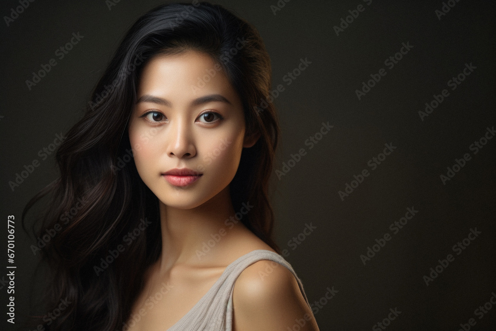 Portrait of a beautiful asian businesswoman on grey background.
