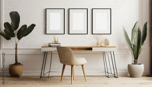 blank 3 frame picture mockup on a white wall in a contemporary boho inspired elegant office © Charlotte