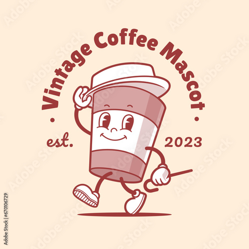 Charming coffee mascot in retro cartoon style, exuding warmth and nostalgia, perfect for a cozy cafe or coffee brand.Vector illustration