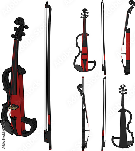electric violin stringed instrument with side, front, top and bottom views photo