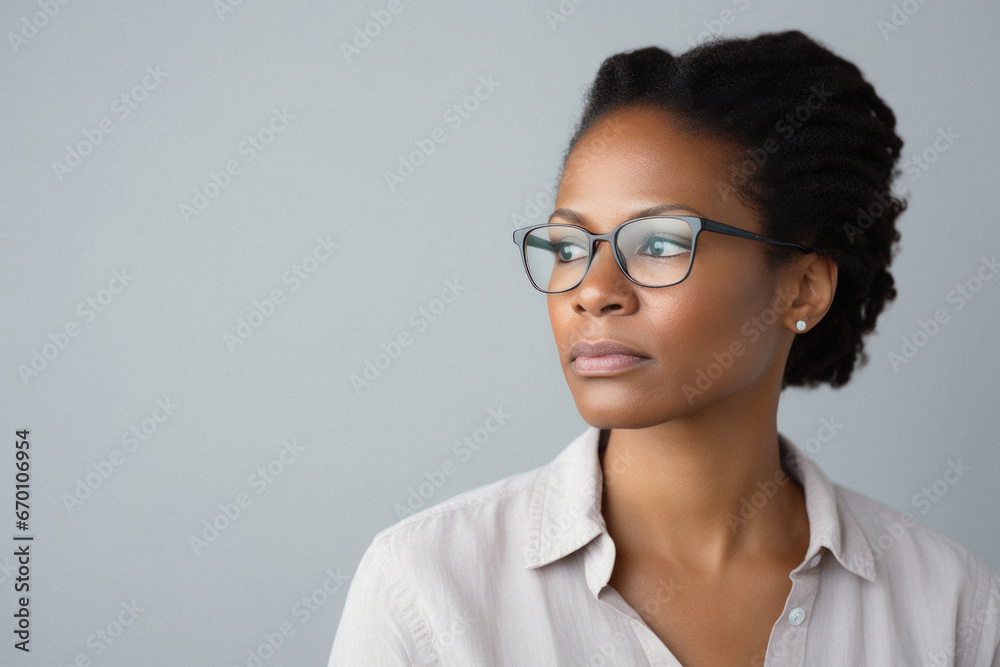 Portrait of mature african american businesswoman in eyeglasses on grey background.