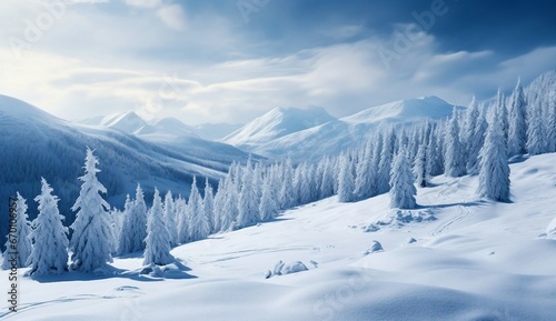 Snowy mountain landscape with trees in the foreground