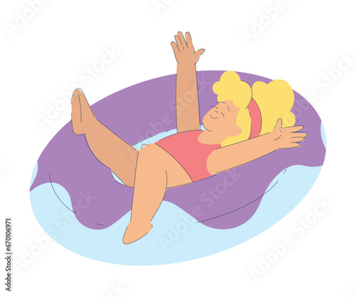 Vacation with Little Girl Character in Swimsuit Floating on Rubber Ring Enjoying Seaside Rest Vector Illustration