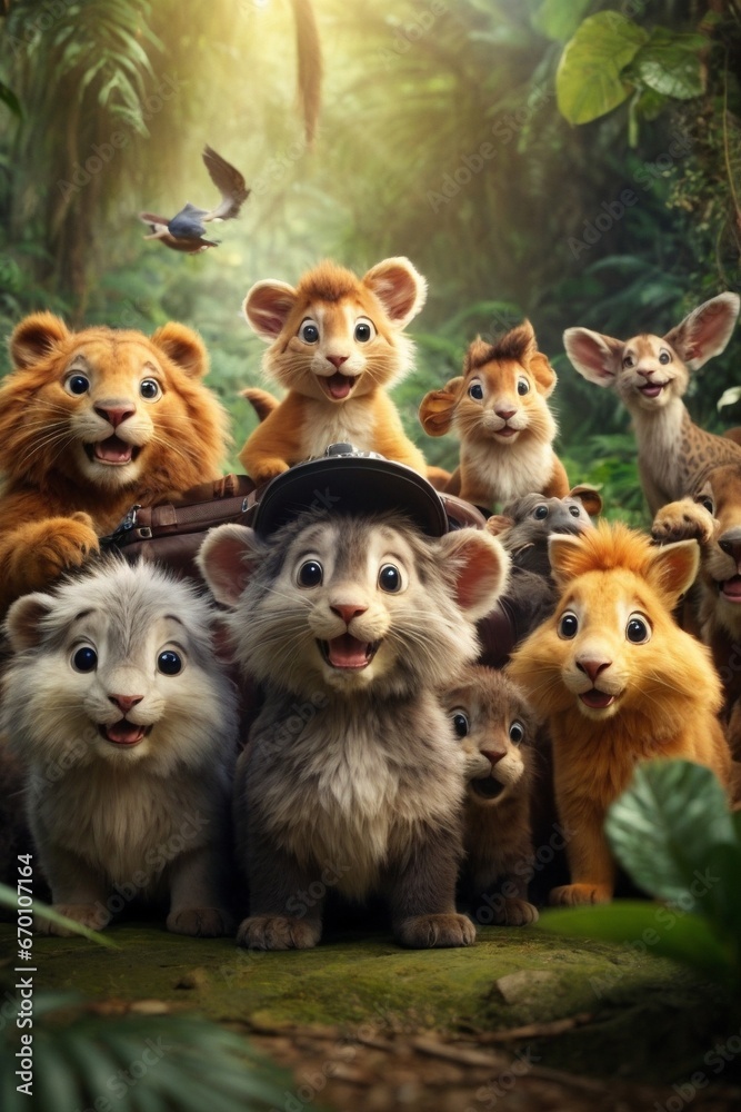 group of happy animals cartoon in the jungle 
