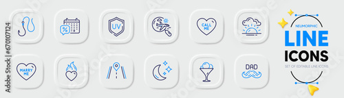 Search flight, Ice cream and Discounts calendar line icons for web app. Pack of Father day, Hook, Heart flame pictogram icons. Sunset, Marry me, Uv protection signs. Road, Moon, Call me. Vector