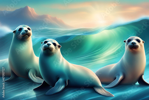 Sea lions on the waves at sunset. 3d render illustration. Generative AI